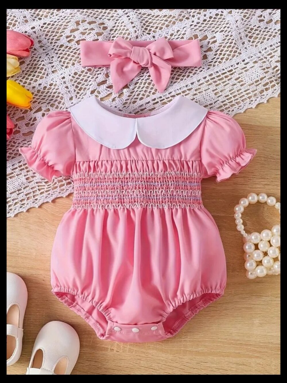 Infant Girls Pink Crochet Romper For Spring/Summer Size 6-9M